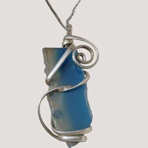 Blue Glass Quartz Silver Wire Wrapped Pendant Necklace On Atlas Sterling Chain